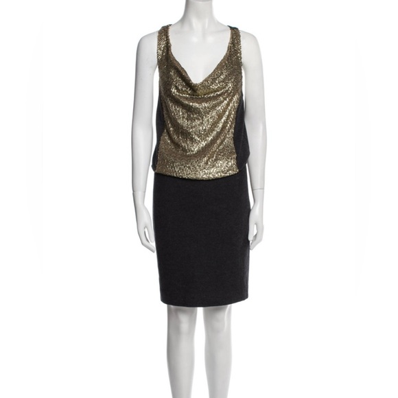 Tory Burch Gray Wool Knee Length Gold Sequin Sheath Cowl Neck Dress Size XS - Picture 1 of 13
